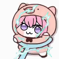A cute character wearing a pink hoodie surrounded by bright blue lightning bolts.