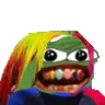 Pepe the Frog with rainbow hair and colorful grillz making a wide, chaotic grin.