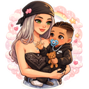 A mother with long hair holding a baby with a pacifier and a teddy bear, surrounded by pink hearts.