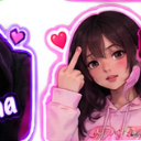 Anime girl with brown hair wearing a pink hoodie making a middle finger gesture while surrounded by pink hearts.