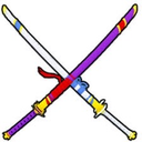 Two crossed katanas with purple and red hilts and sheaths.