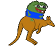 Pepe the Frog riding a brown kangaroo while hopping across the screen.