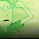 Rick Sanchez looking skeptical with a green radioactive glow over his face.