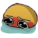 A yellow blob character melting into a blue puddle with large, teary eyes and a distressed expression.