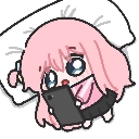 A cute anime girl with pink hair lying in bed and looking at a smartphone screen.
