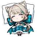 A chibi cat girl with brown hair and cat ears sleeping peacefully on a white pillow.