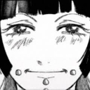 Anime character face with a smug smirk and facial piercings.