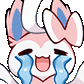 Sylveon with closed eyes and a wide open mouth, shedding large blue tears of joy.