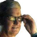 Tim Cook adjusting his glasses with a smug, knowing expression.