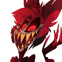 Alastor from Hazbin Hotel with a wide, sharp-toothed, menacing grin.