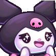 Kuromi with a black jester hat and pink skull emblem smiling with sparkling star-shaped eyes.