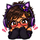 A girl with brown hair, glasses, and purple cat-ear headphones blushing while covering her face with her hands.