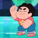 Steven Universe dancing happily with his arms raised in the air.