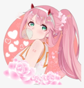 Zero Two with pink hair and horns blowing a bubble gum bubble surrounded by floating hearts.
