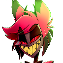 Alastor from Hazbin Hotel with a wide, sharp-toothed, sinister grin and glowing red eyes.