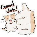 A cute cat character smiling and giving a large thumbs up gesture with the text Good Job written above.