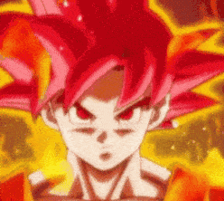Goku with bright red hair and a fiery aura looking intensely forward.