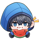 A chibi character in a blue hoodie eating a slice of watermelon with a focused expression.
