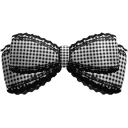 A pixel art bow tie with a black and white dotted pattern.