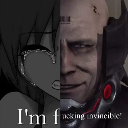A split image showing a crying anime girl on the left and Sundowner from Metal Gear Rising on the right with the text I'm fr…