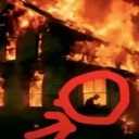 A person sits calmly inside a burning house with a red circle and arrow pointing at them.