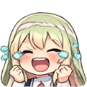 Anime girl with blonde hair crying tears of joy while smiling broadly with her hands clenched in excitement.