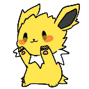 Jolteon standing and holding its front paws up in a cute, happy pose.