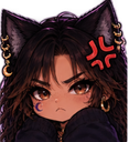 Cat girl with dark hair and cat ears looking angry with a red vein symbol on her forehead.