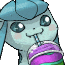Glaceon with a happy expression sipping a purple drink through a straw.