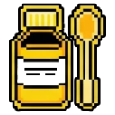 Cough syrup bottle and a spoon rendered in a simple pixel art style.
