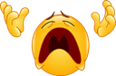Yellow smiley face with hands raised in the air and mouth wide open in a scream.