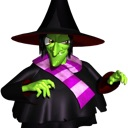 A green-skinned witch with a black hat and purple scarf looking mischievous.