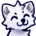 A white wolf pup with a wide, happy, closed-eye smile.