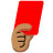 Hand holding up a bright red card in a pixel art style.
