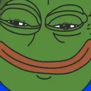 Pepe the frog with a smug, knowing expression and a wide, thin-lipped smile.