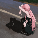 A pink-haired anime girl sitting on the ground next to a dark, grinning shadow cat.