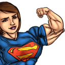 A muscular woman wearing a Superman shirt flexing her bicep in a show of strength.