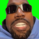 Kanye West wearing sunglasses with a distorted, close-up facial expression against a bright green background.
