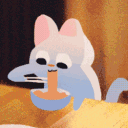 A cute blue cat eats noodles from a bowl and then ducks out of frame.