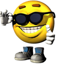 Yellow smiley face wearing black sunglasses and gray sneakers giving a thumbs up.