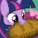 Twilight Sparkle from My Little Pony happily chewing on a blocky, pixelated loaf of bread.