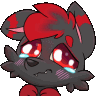 A cute black and red fox character crying and getting hit on the head with a heavy object.