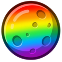 Moon with craters colored in a vibrant rainbow gradient.