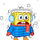 SpongeBob SquarePants wearing a winter coat, scarf, and earmuffs while shivering in the snow.
