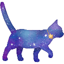 A pixel art cat with a galaxy-patterned coat and a golden star charm on its collar walking to the right.