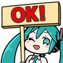 Hatsune Miku winking and smiling while holding a wooden sign that says OK in red letters.