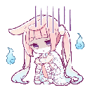 Anime girl with pink hair sitting on the floor looking defeated with blue ghost spirits floating around her.
