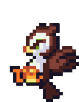 A brown and white pixel art owl with a smug expression and golden accents.