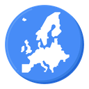Europe continent map silhouette in white on a circular blue background.