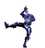 Skull Trooper skeleton character performing the L dance move in a pixel art style.